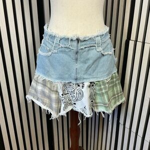 Jaded London Frayed Denim Skirt with Patterned Accents, Sz 12